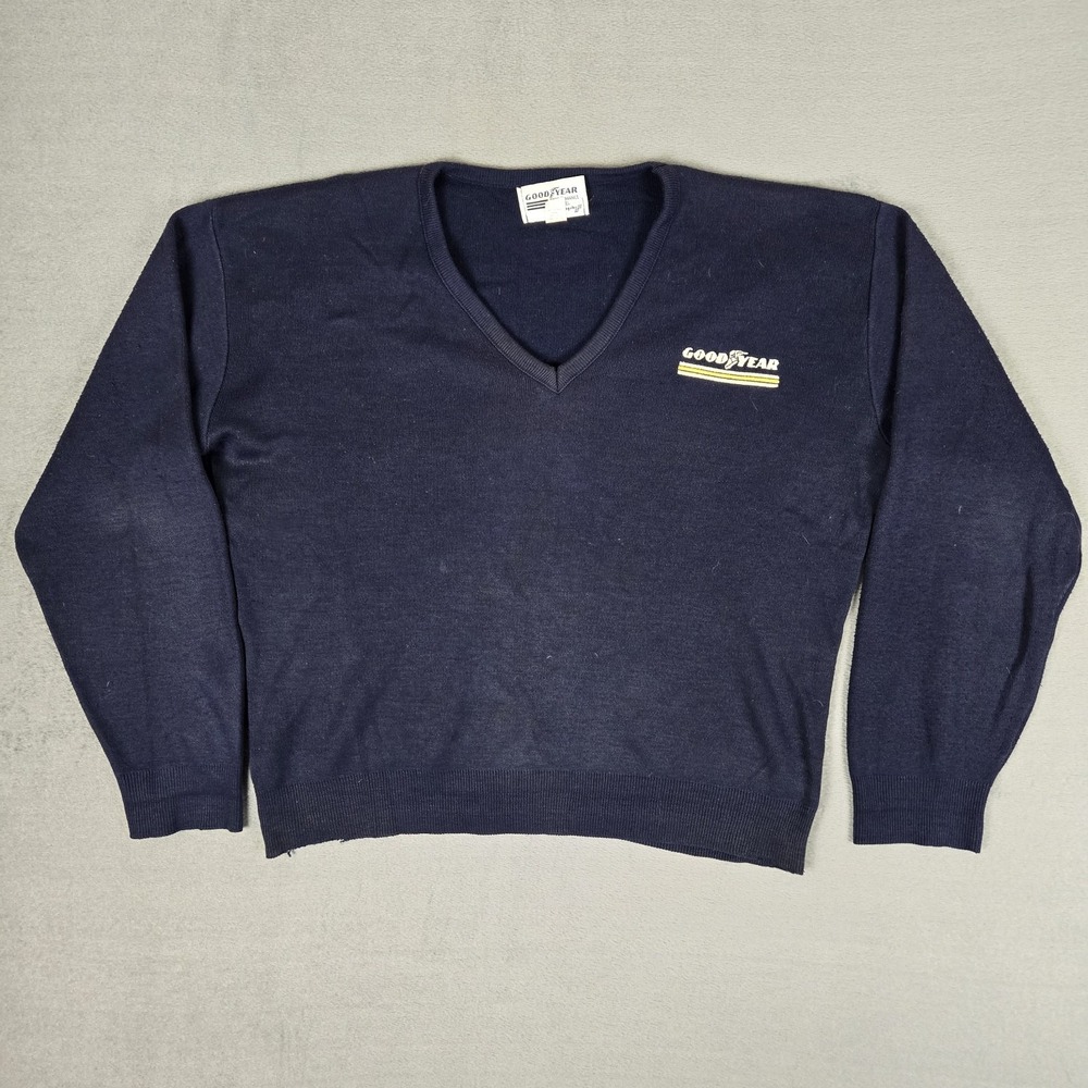 Vintage‎ Good Year Sweater Mens Large Blue Navy Swingster V-Neck Acrylic USA